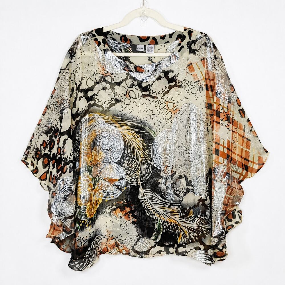 Chico's Silk Metallic Foil Sheer Abstract Animal Print Blouse M/L Mob Wife